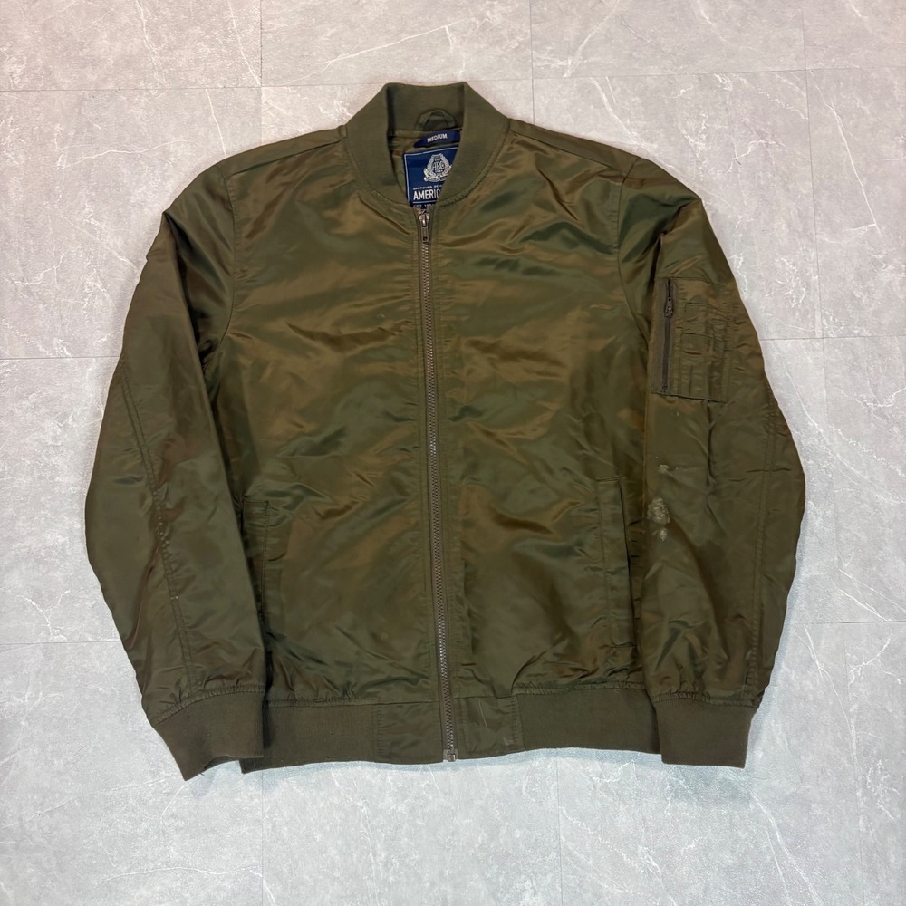 American Rag Mens Olive Green Nylon Flight Bomber Jacket Medium Full Zip Utility